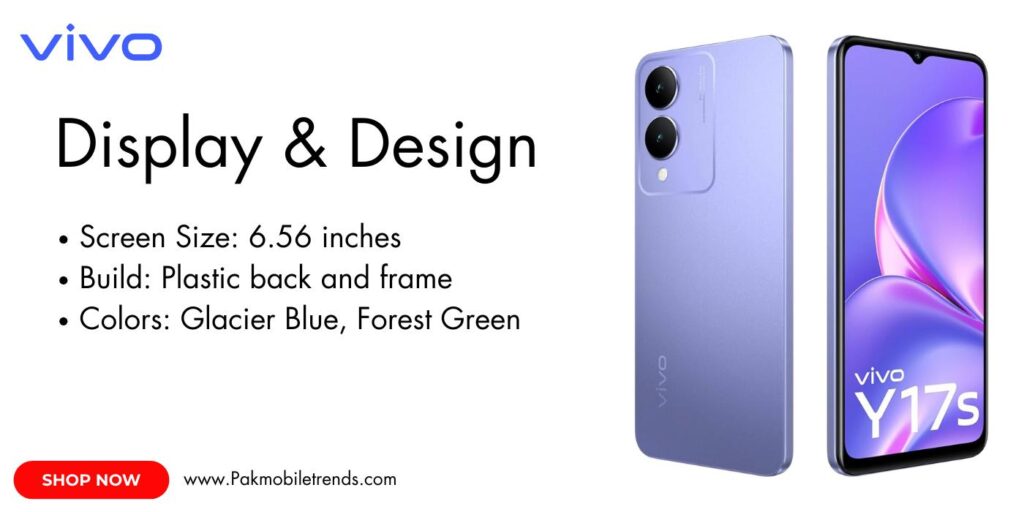 Vivo Y17s smartphone featuring a 6.56-inch HD+ display with a waterdrop notch, vibrant colors, and a sleek design.