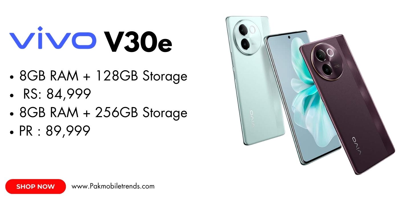 VIVO V30e smartphone featuring a sleek design, dual rear cameras, and a vibrant AMOLED display, showcased in a modern setting