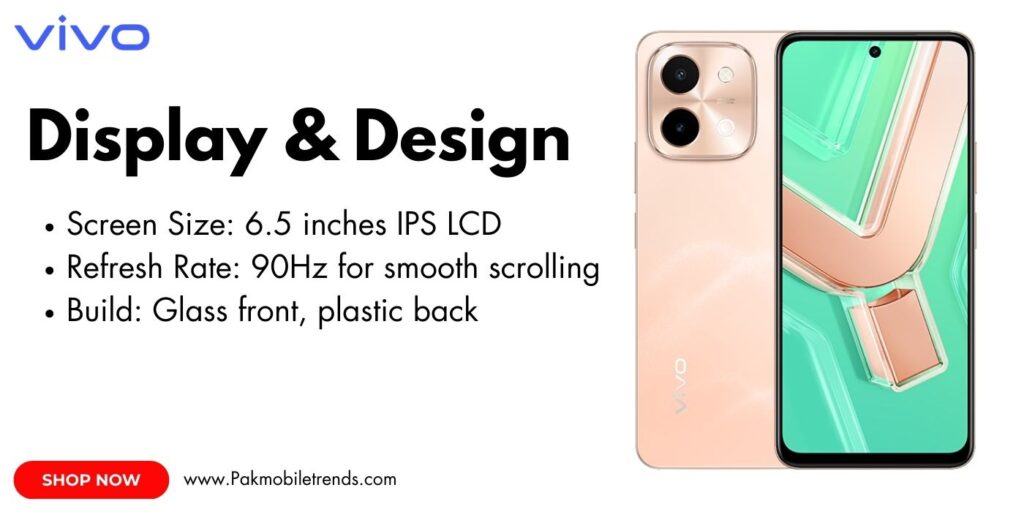 Vivo Y28 smartphone displayed on a white background, showcasing its sleek design, large display, and dual rear cameras