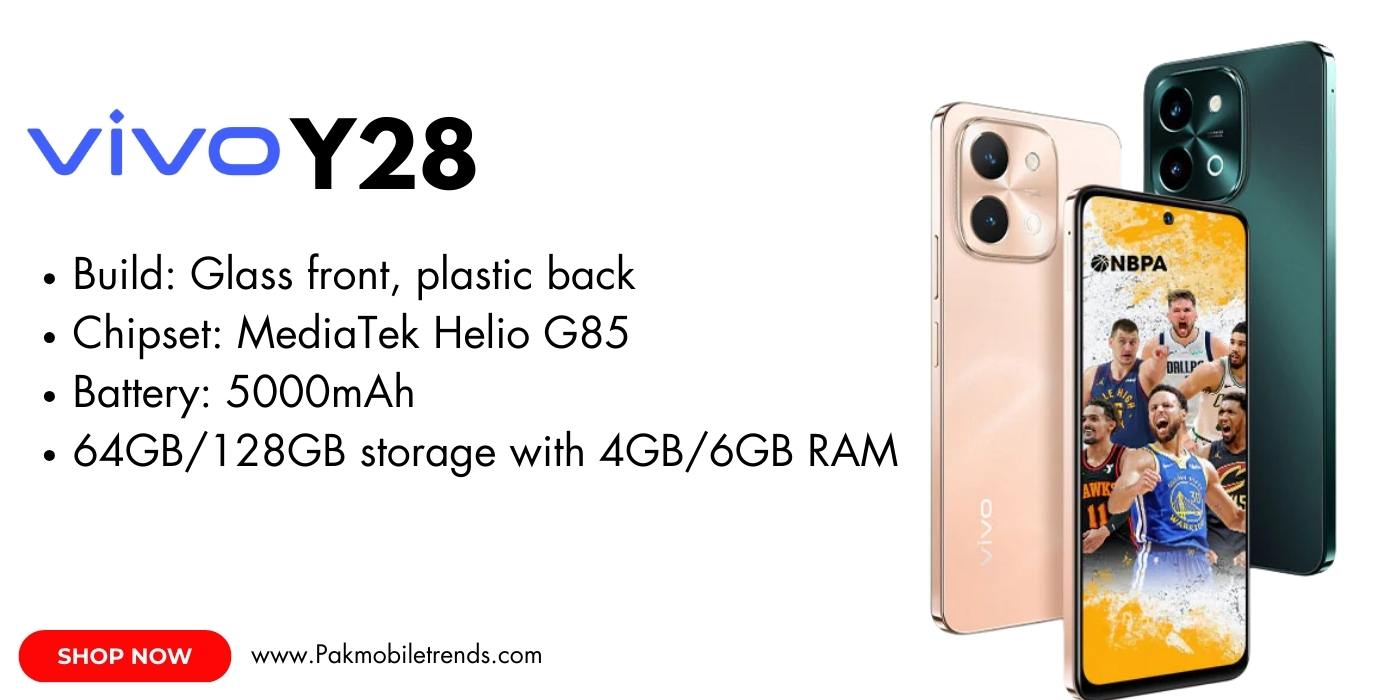 Vivo Y28 smartphone showcasing sleek design, vibrant display, and triple rear camera setup on a white background.