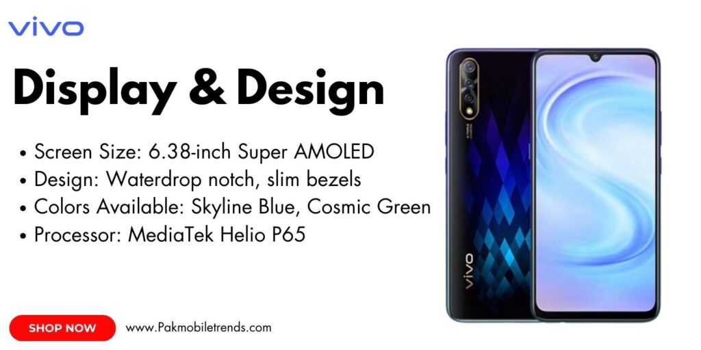 Vivo S1 smartphone featuring a sleek 6.38-inch Super AMOLED display with vibrant colors, slim bezels, and a small waterdrop notch for the front camera.
