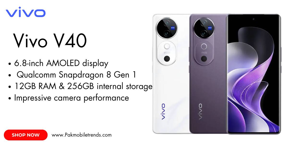 A sleek and modern VIVO V40 smartphone displayed on a white background, showcasing its slim design, curved edges, and vibrant AMOLED display. The camera module is prominently featured, highlighting its advanced multi-lens setup for professional-grade photography