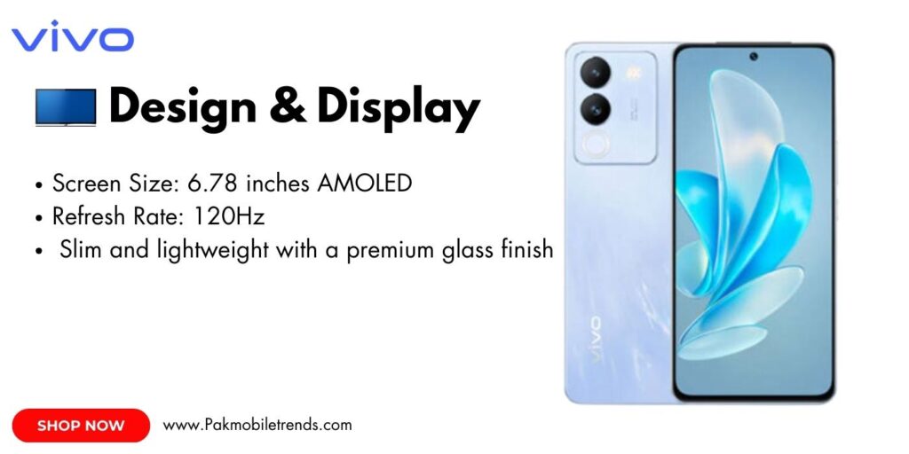 VIVO V29e smartphone showcasing its sleek AMOLED display with vibrant colors, ultra-slim bezels, and a smooth 120Hz refresh rate, perfect for immersive viewing and gaming.
