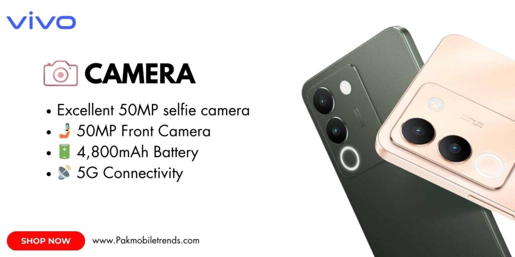 Close-up of the VIVO V29e smartphone showcasing its advanced camera setup with a sleek design, highlighting its high-resolution lens and AI-powered photography features.