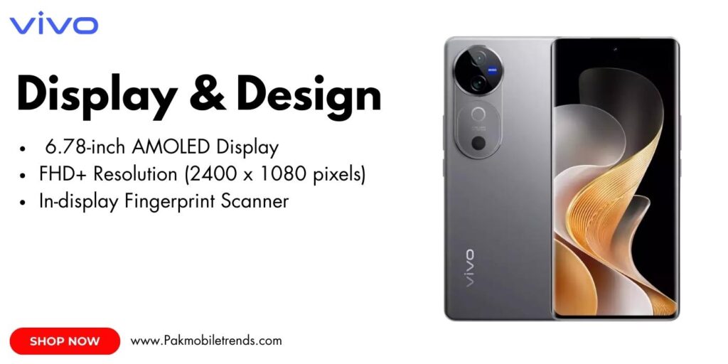 Vivo V40 smartphone featuring a sleek, edge-to-edge AMOLED display with vibrant colors, slim bezels, and an in-display fingerprint sensor.