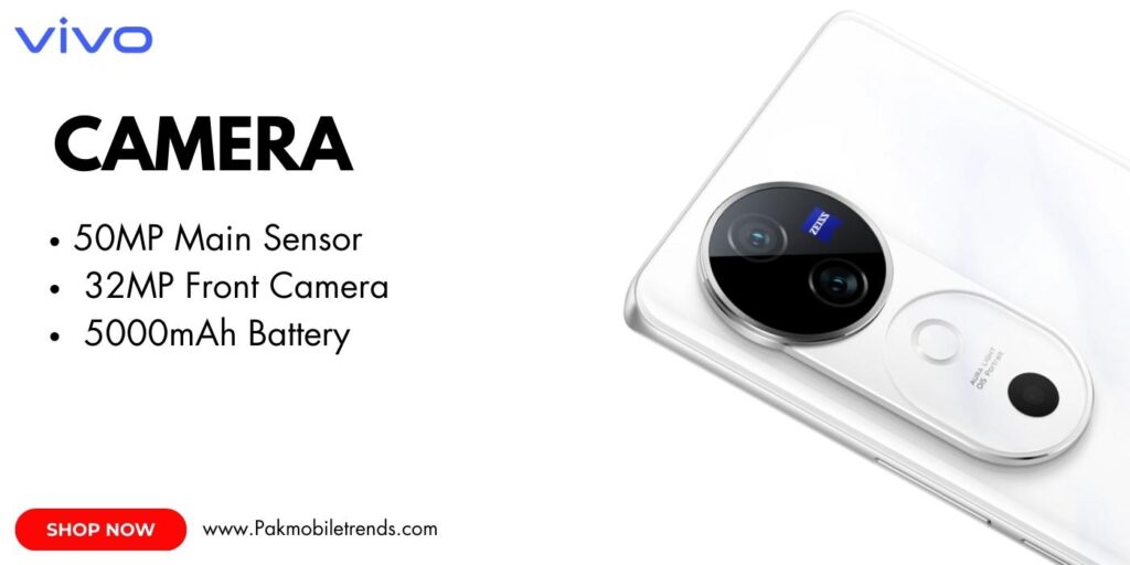 Close-up of the Vivo V40 smartphone showcasing its sleek design and advanced multi-camera setup, highlighting its ultra-clear photography capabilities and AI-powered features