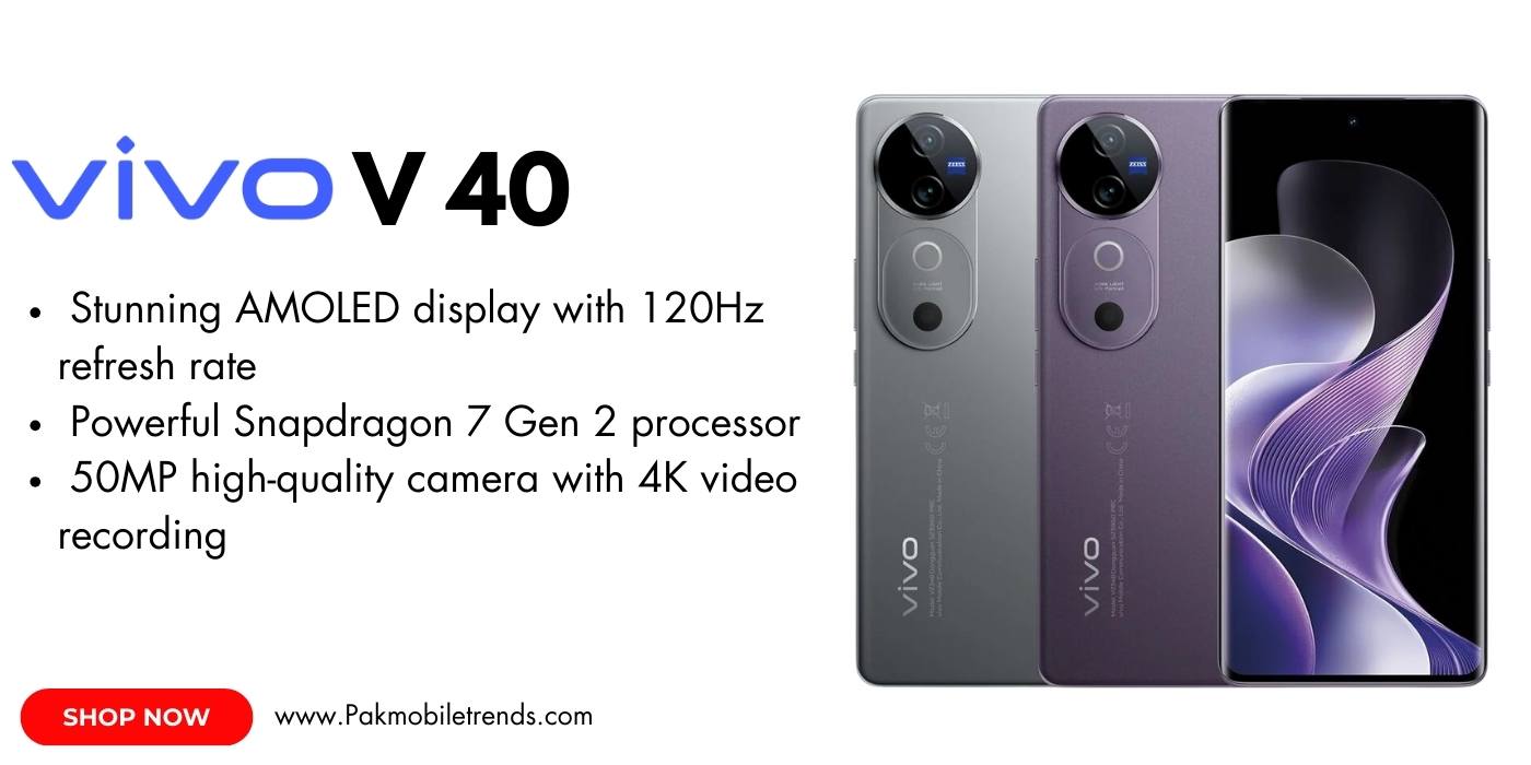 Vivo V40 smartphone in sleek blue color, showcasing its slim design, advanced camera setup, and vibrant AMOLED display.