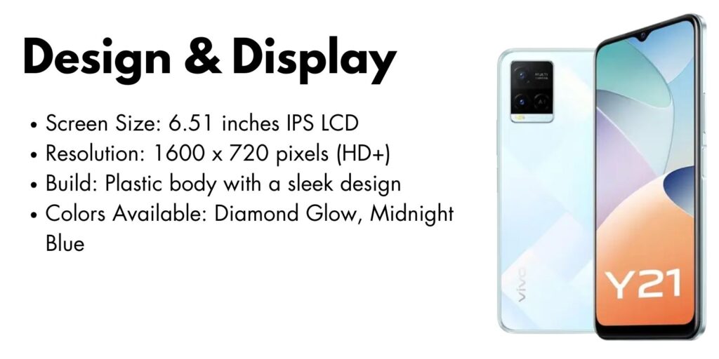 Vivo Y21 smartphone with sleek design, HD+ display, and dual rear camera setup.
