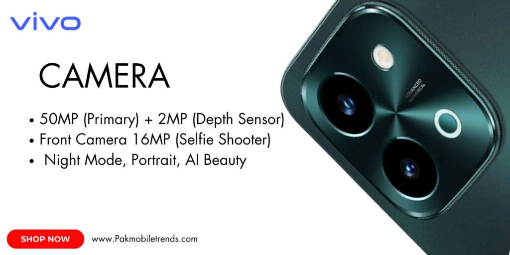 Close-up of the Vivo Y28 smartphone showcasing its high-resolution dual or triple rear camera setup with LED flash, sleek design, and vibrant color options.