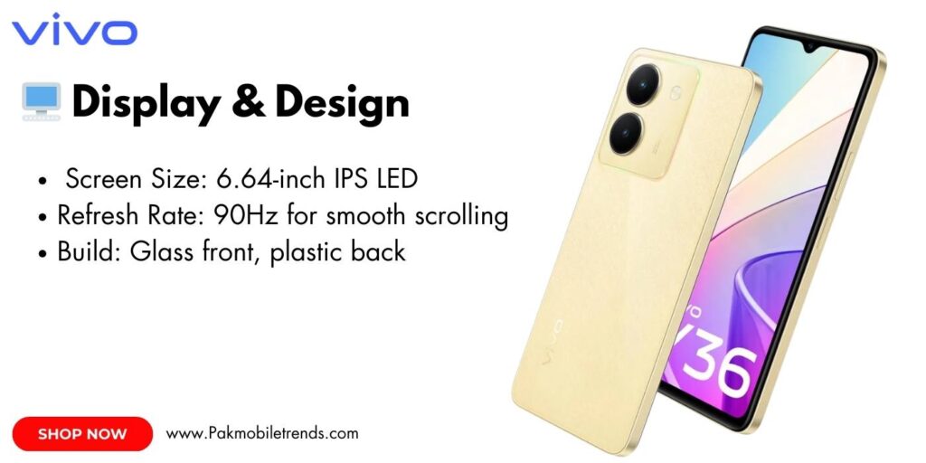 Vivo Y36 smartphone displayed on a sleek white background, showcasing its large 6.64-inch LCD display, dual rear cameras, and glossy gradient design.
