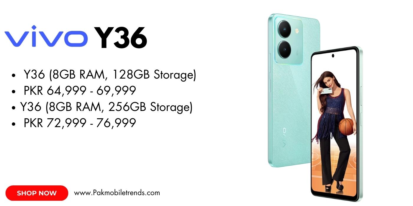 Vivo Y36 smartphone showcasing its sleek design, dual rear cameras, and vibrant display, placed on a clean white background.