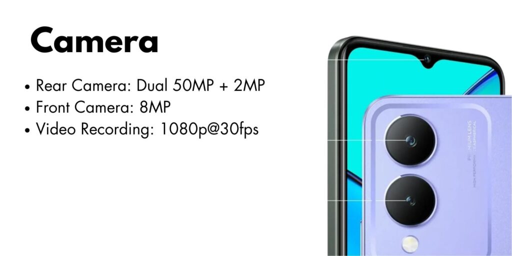 Close-up of Vivo Y17s dual AI camera, highlighting its sleek design and advanced photography capabilities.