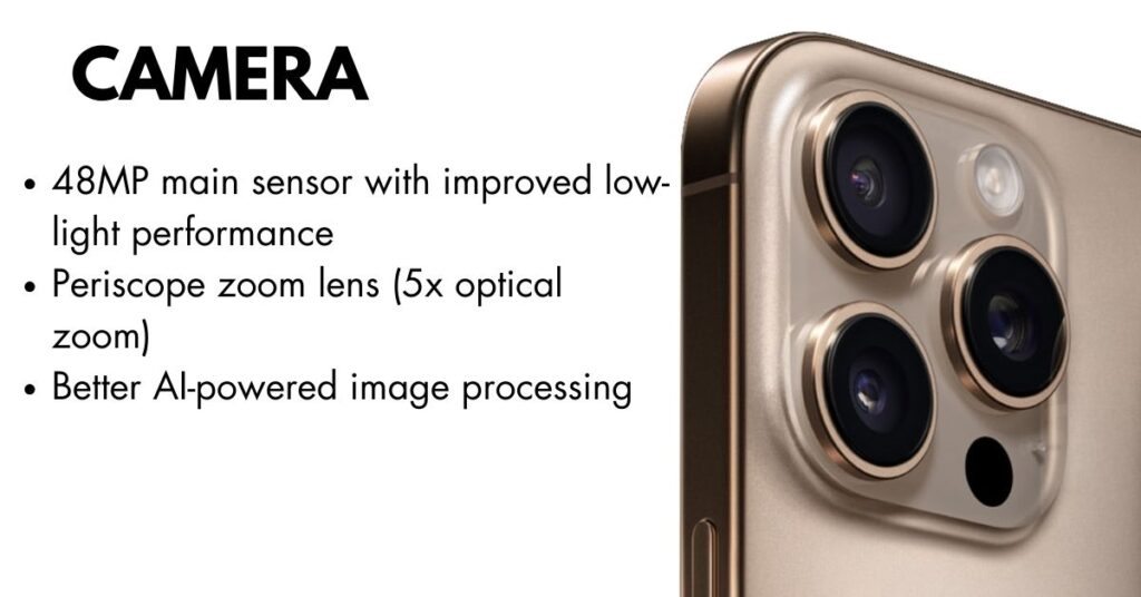 Close-up view of iPhone 16 Pro Max triple-lens rear camera with advanced AI technology and titanium finish
