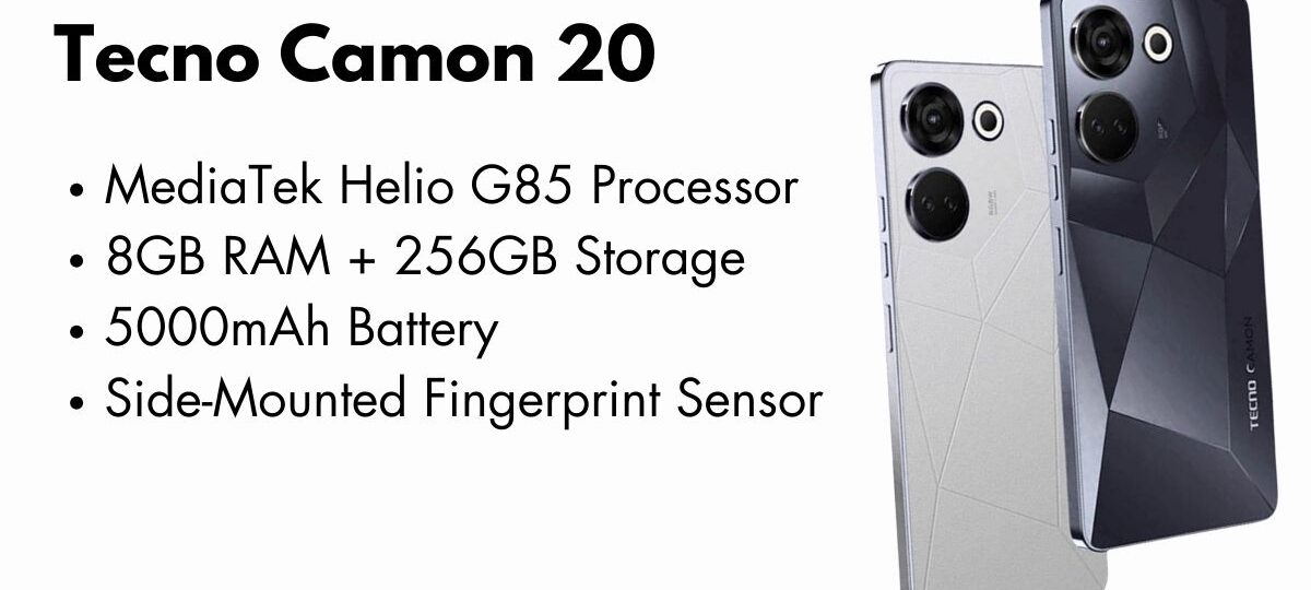 Tecno Camon 20 smartphone showcasing its sleek design and advanced features.