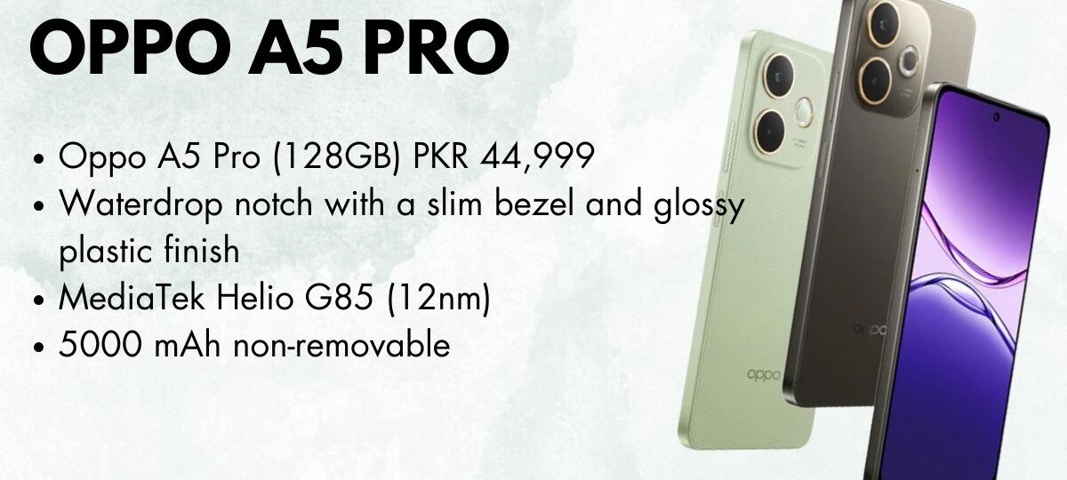 Oppo A5 Pro smartphone front and back view showcasing sleek design and camera features.