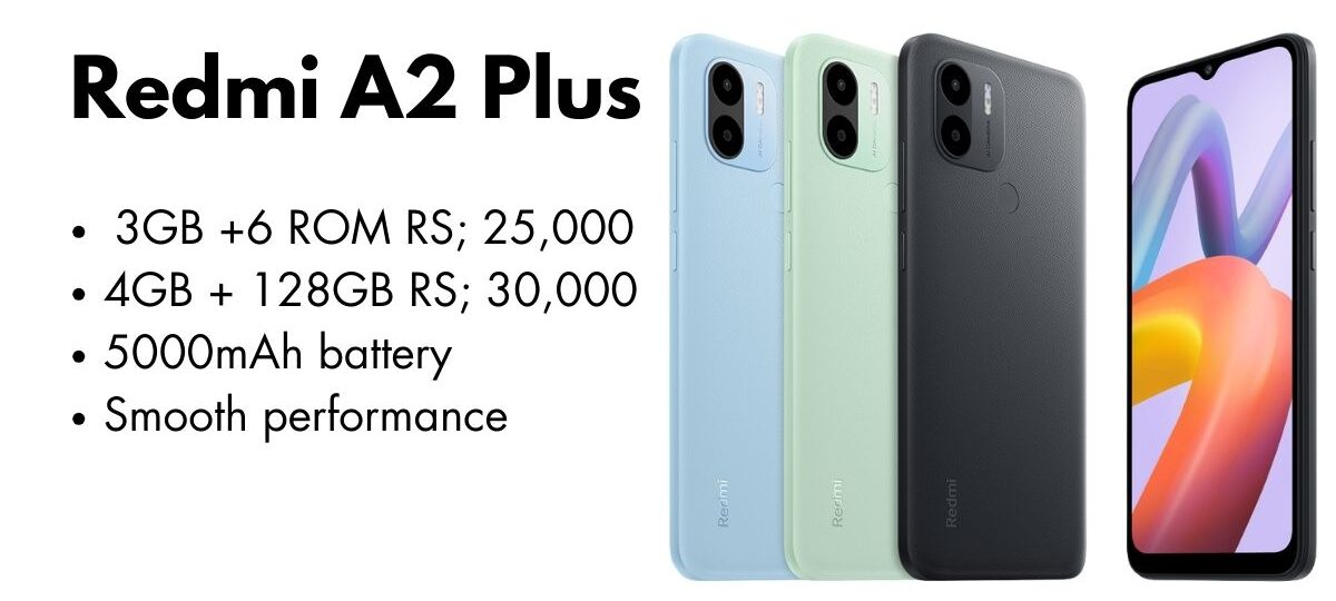 Redmi A2 Plus smartphone front and back view in Pakistan