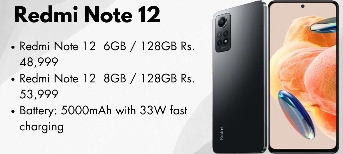 Redmi Note 12 smartphone front and back view showcasing AMOLED display and sleek design