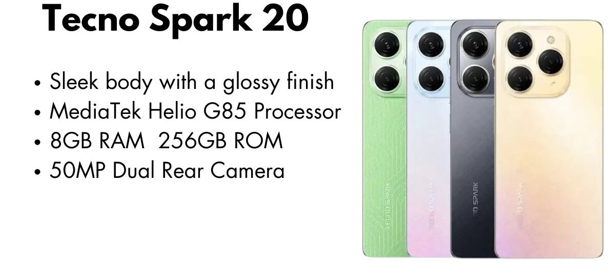Tecno Spark 20 smartphone front and back view showcasing display and camera design