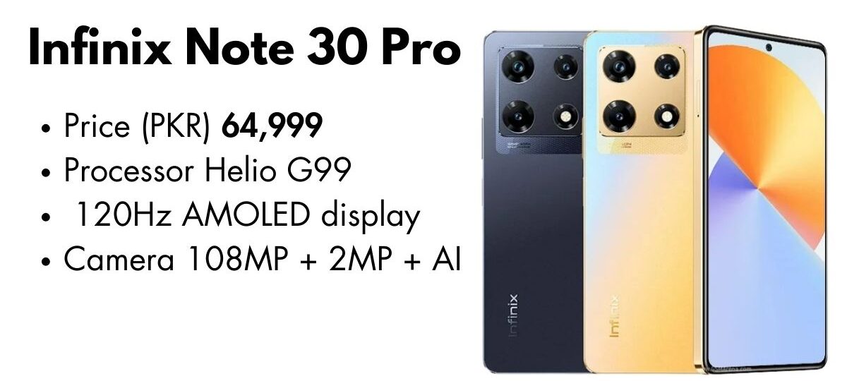 Infinix Note 30 Pro smartphone showcasing its sleek design, vibrant display, and powerful camera setup.