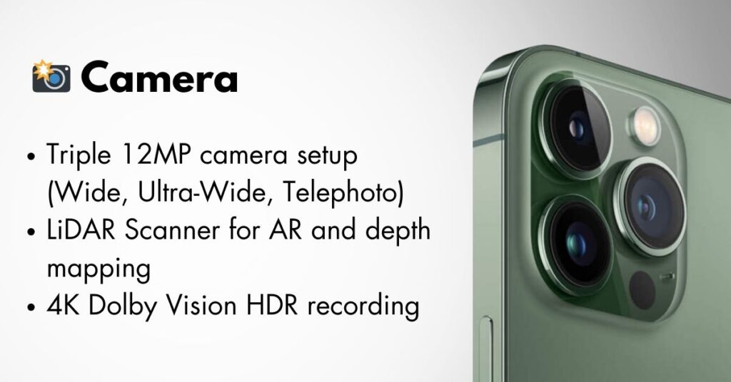 iPhone 13 Pro Max camera showcasing triple-lens setup with advanced photography features.