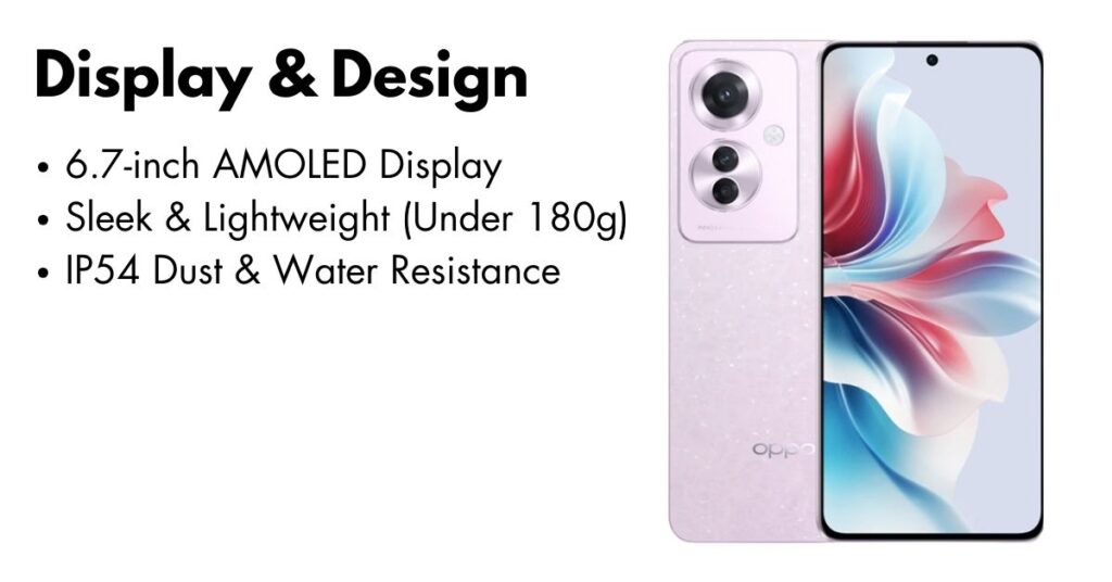Oppo Reno 11F smartphone showcasing its sleek design and stunning display.