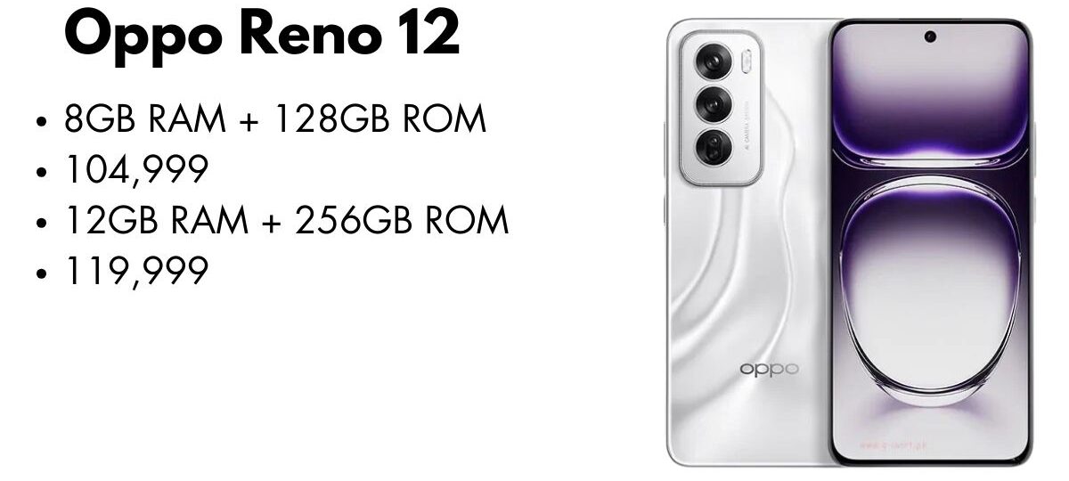 Oppo Reno 12 smartphone front and back view showcasing its sleek design and camera features