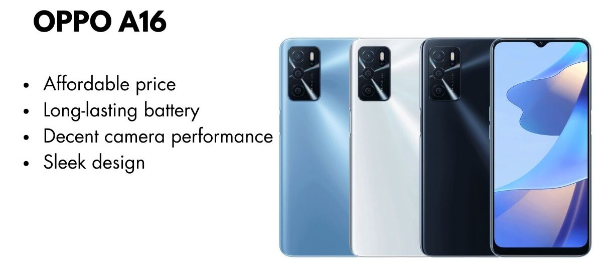 Oppo A16 smartphone showcasing its sleek design and stunning display.
