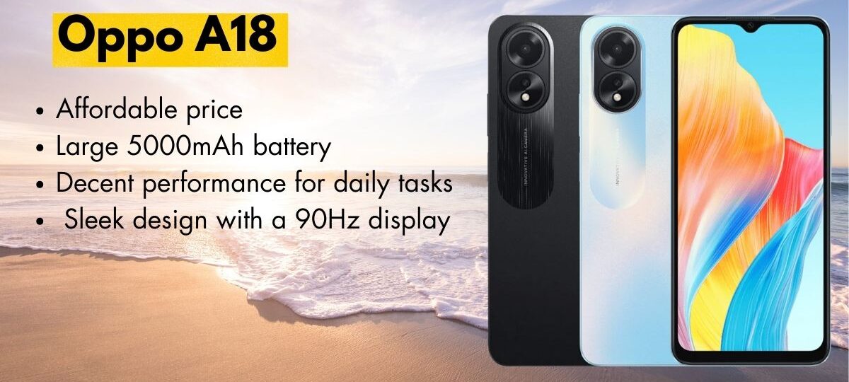 Oppo A18 smartphone front and back view showcasing sleek design and large display
