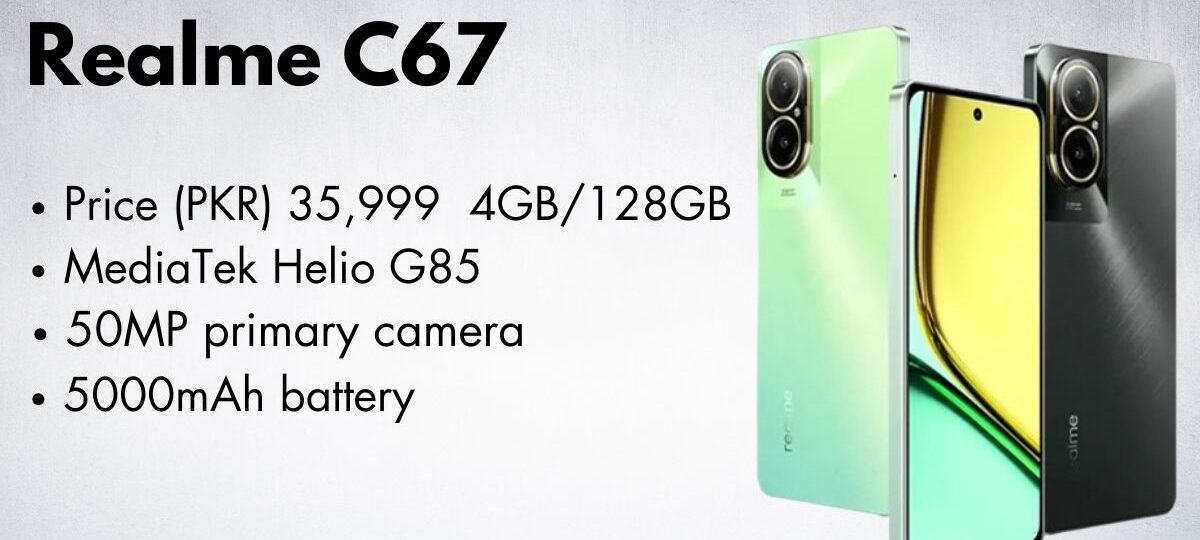 Realme C67 smartphone in green color showcasing sleek design and dual camera setup