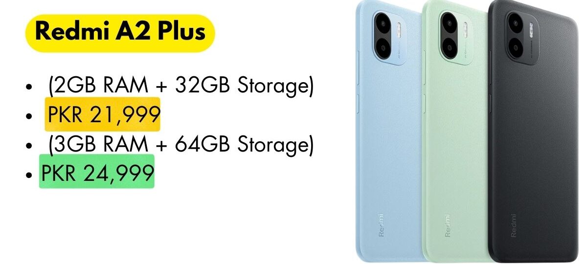 Redmi A2 Plus smartphone showcasing sleek design, powerful performance, and long-lasting battery.