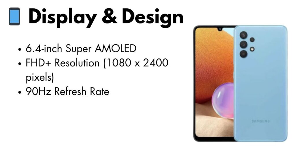 Samsung A32 smartphone showcasing vibrant Super AMOLED display with minimal bezels