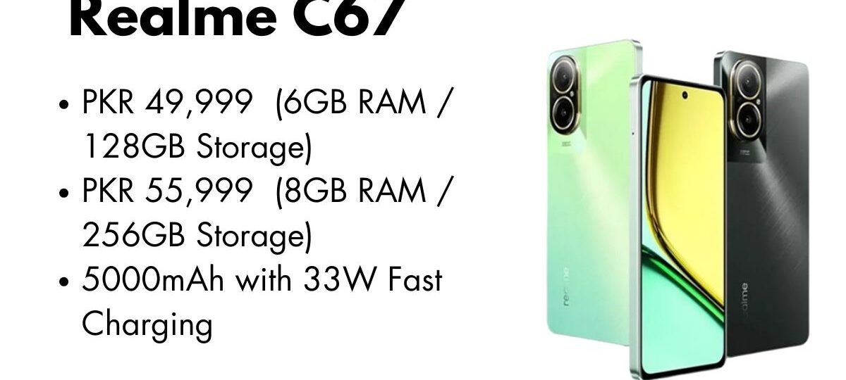 Realme C67 smartphone front and back view – sleek design with dual camera setup