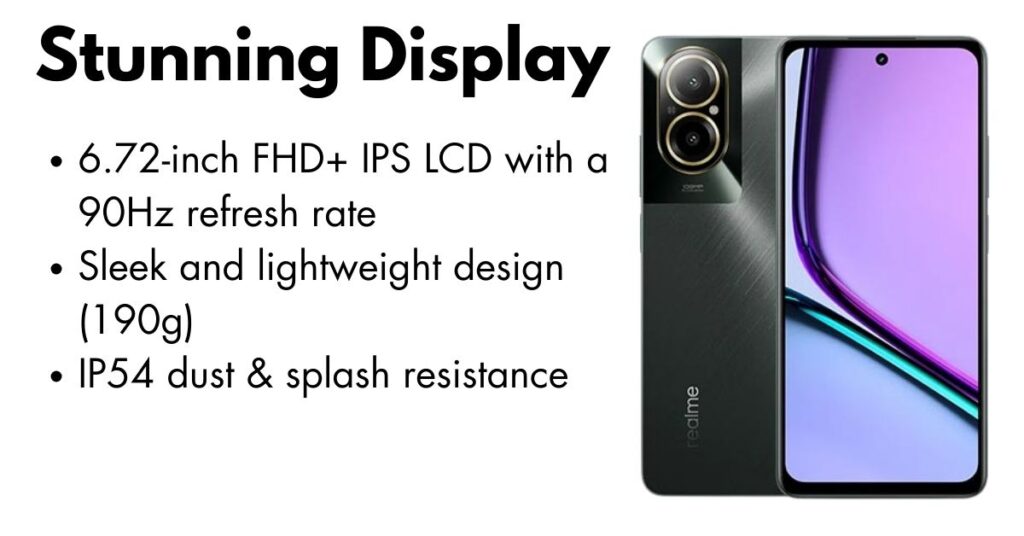 Realme C67 smartphone front and back view showcasing its sleek design and large display