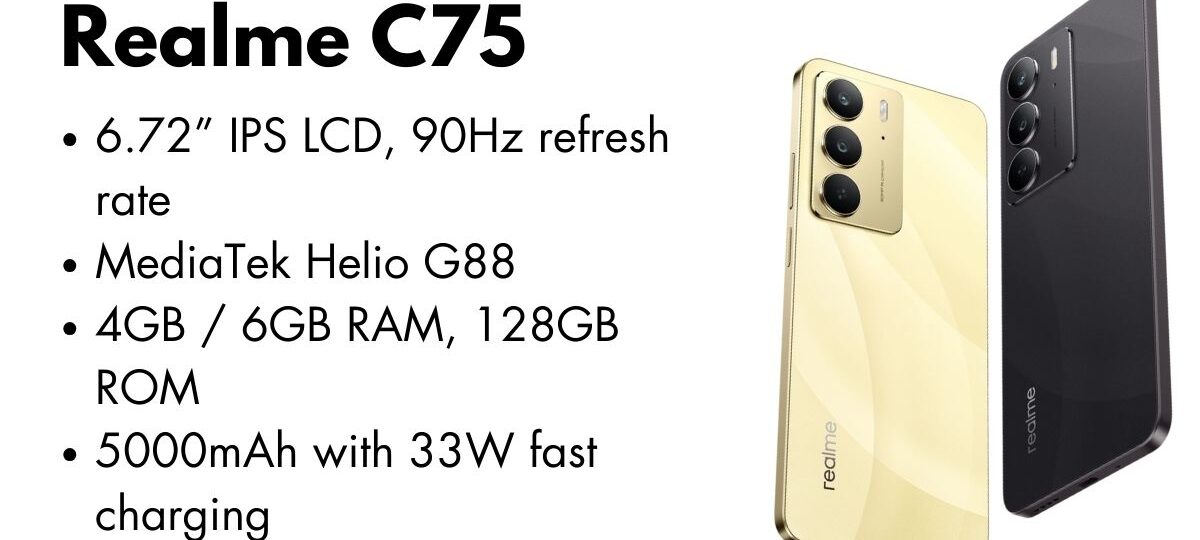 Realme C75 smartphone front and back view showcasing its sleek design and large display