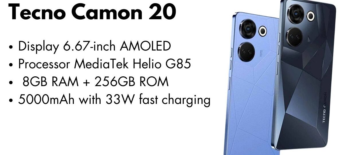 Tecno Camon 20 smartphone front and back view showcasing design and camera