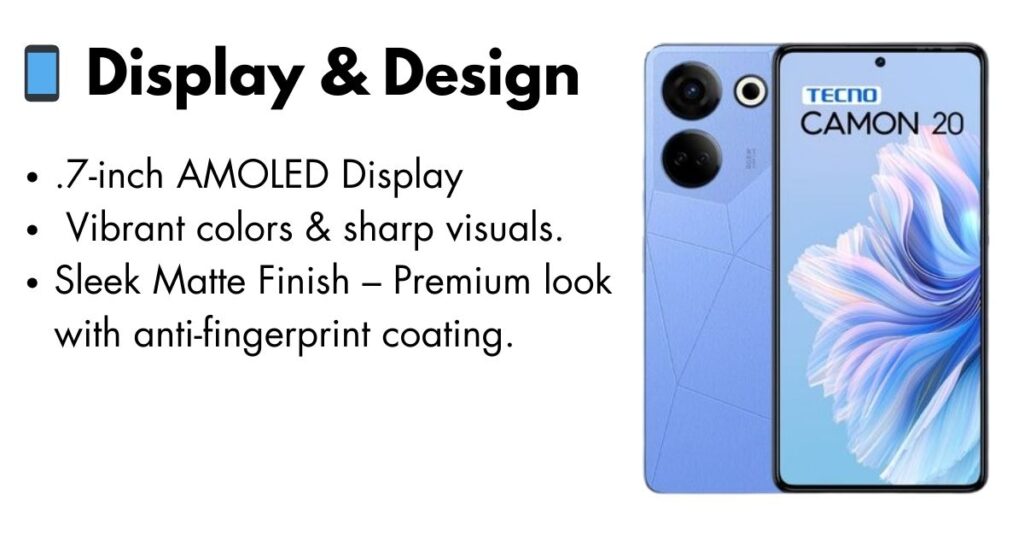 Tecno Camon 20 smartphone front and back view with AMOLED display and sleek design.