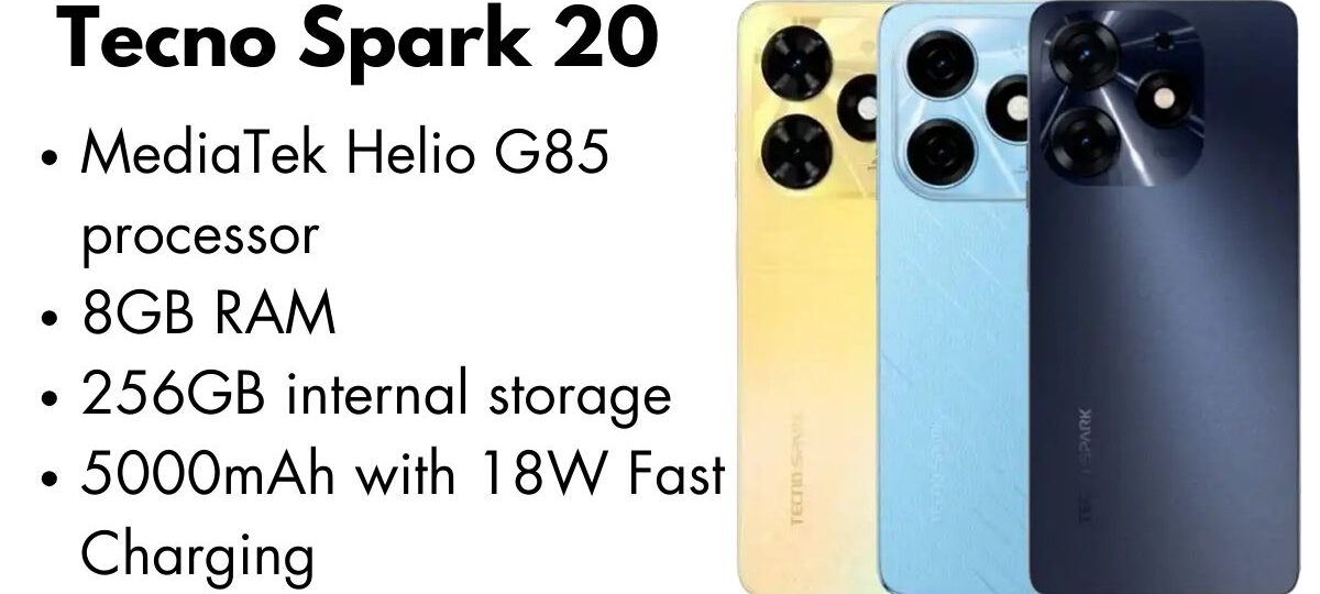 Tecno Spark 20 smartphone front and back view showcasing sleek design and display