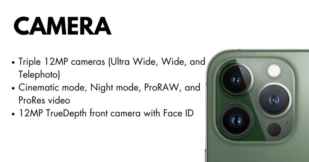 Close-up view of the iPhone 13 Pro Max triple-lens rear camera setup with LiDAR sensor in Sierra Blue finish.