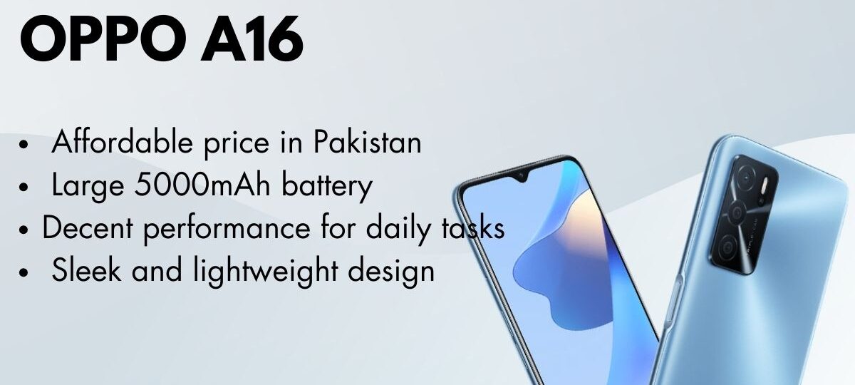 Oppo A16 smartphone front and back view showcasing sleek design and triple camera setup.