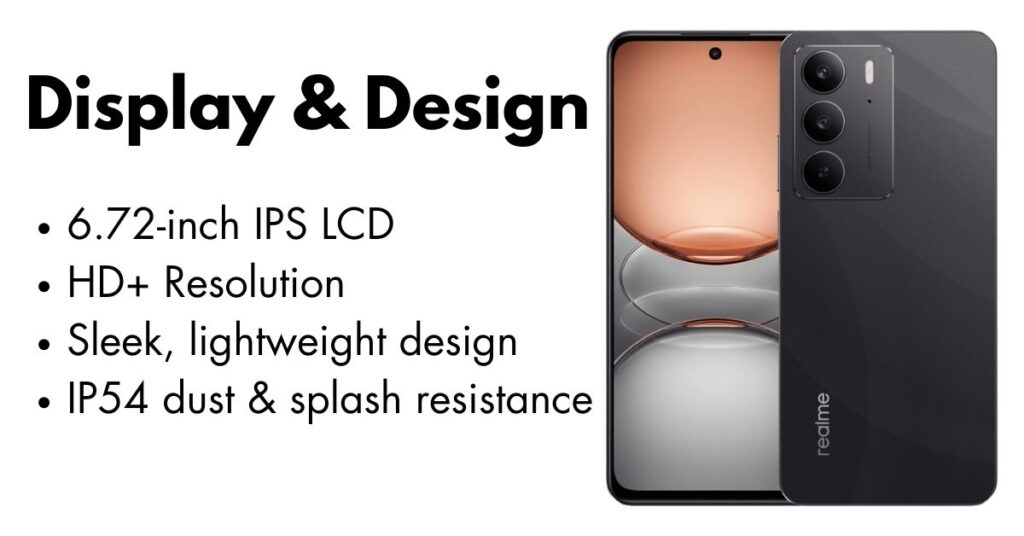 Realme C75 smartphone front view showcasing large display with punch-hole camera