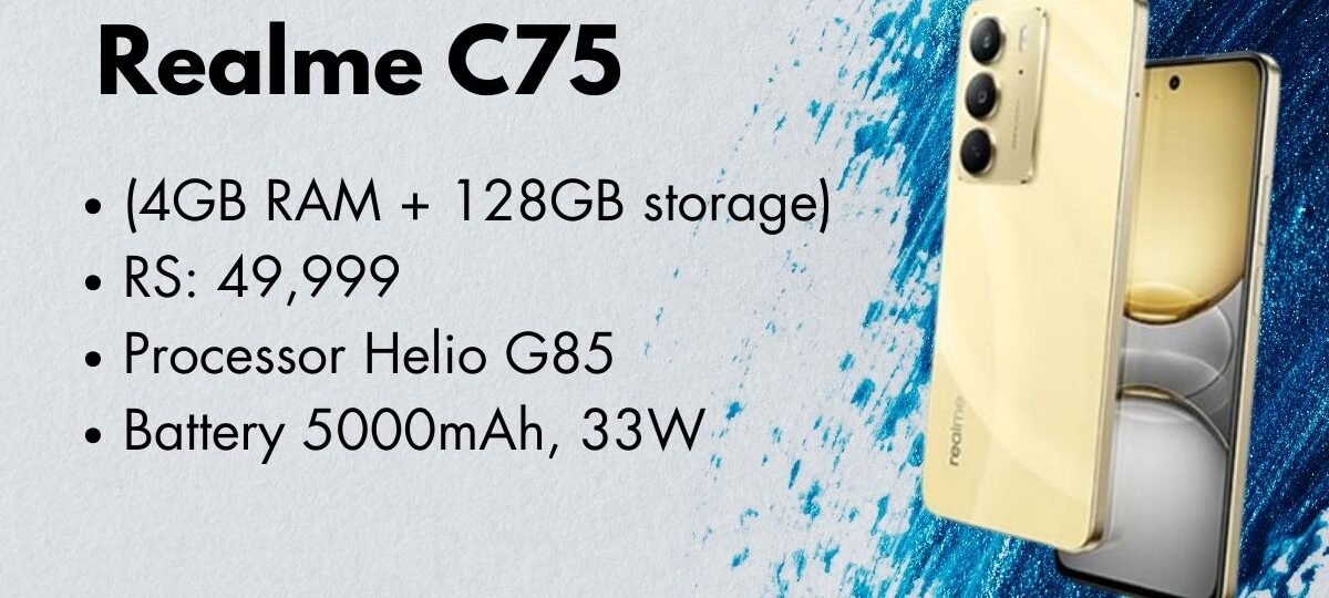 Realme C75 smartphone front and back view showcasing sleek design and large display