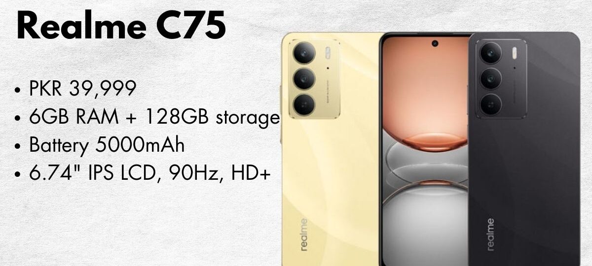 Realme C75 smartphone with sleek design and dual rear camera setup