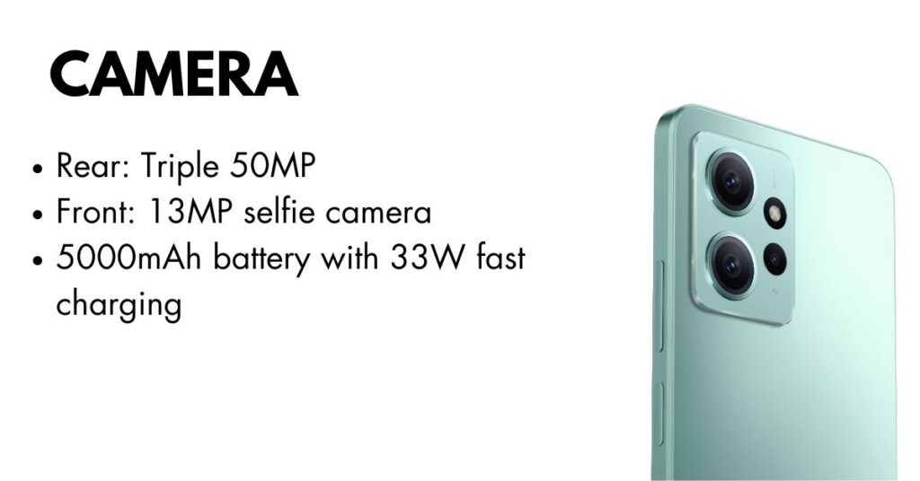 Close-up view of Redmi Note 12 rear camera showing its 50MP AI triple camera setup.