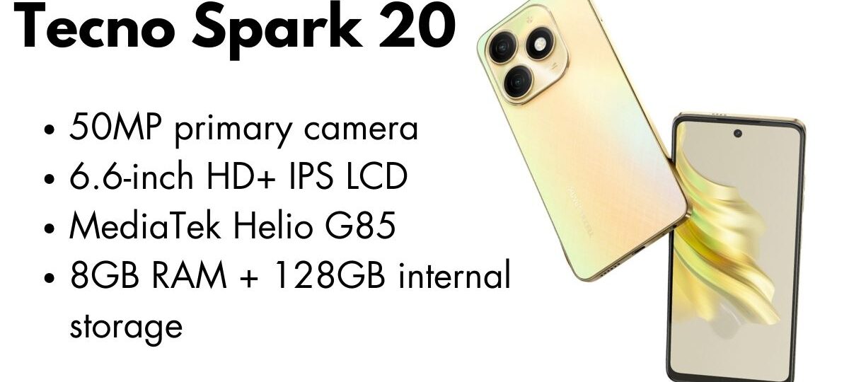 Tecno Spark 20 smartphone showcasing its sleek design and rear camera module