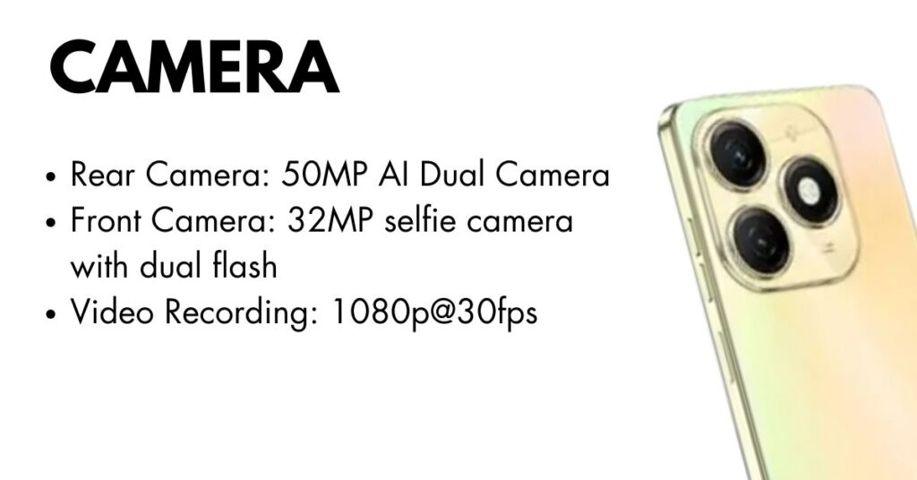 Tecno Spark 20 smartphone showcasing its dual rear camera setup with LED flash