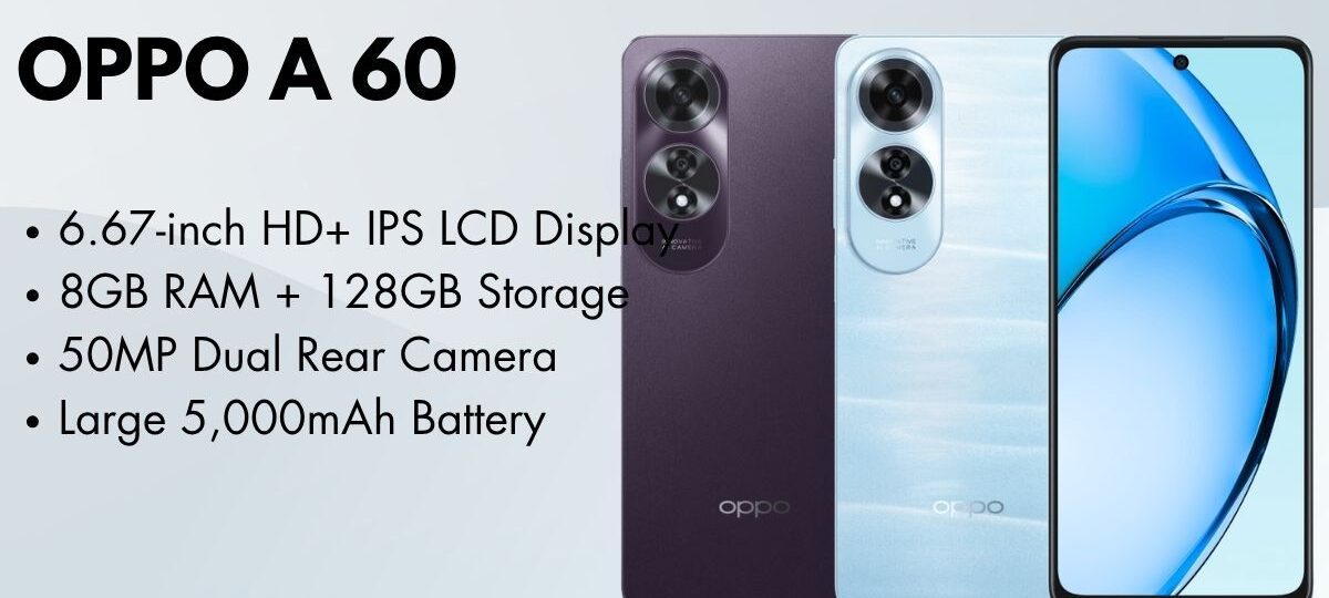 OPPO A60 smartphone showcasing its sleek design and dual camera setup