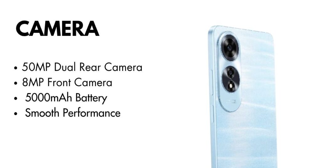 Close-up view of OPPO A60 dual rear camera with AI technology in a sleek design.